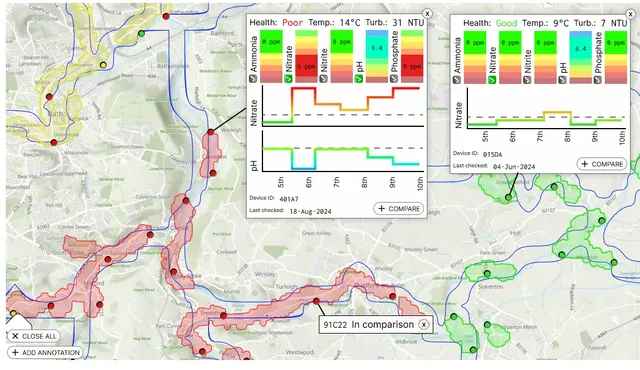 The dashboard mapping river inspection sites against live sensor readings